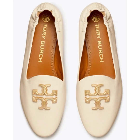 TORY BURCH ELEANOR LOAFER FLATS CREAM IVORY‎ LEATHER GOLD LOGO SZ US 9